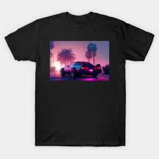 Illustration of an 80s Synthwave Neon cyberpunk supercar T-Shirt